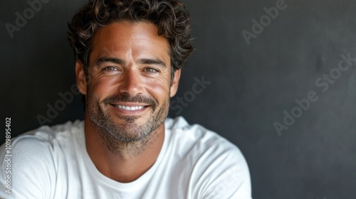 A man with a white shirt and a beard is smiling