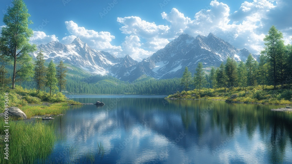 Fototapeta premium Serene mountain landscape reflecting in a tranquil lake.