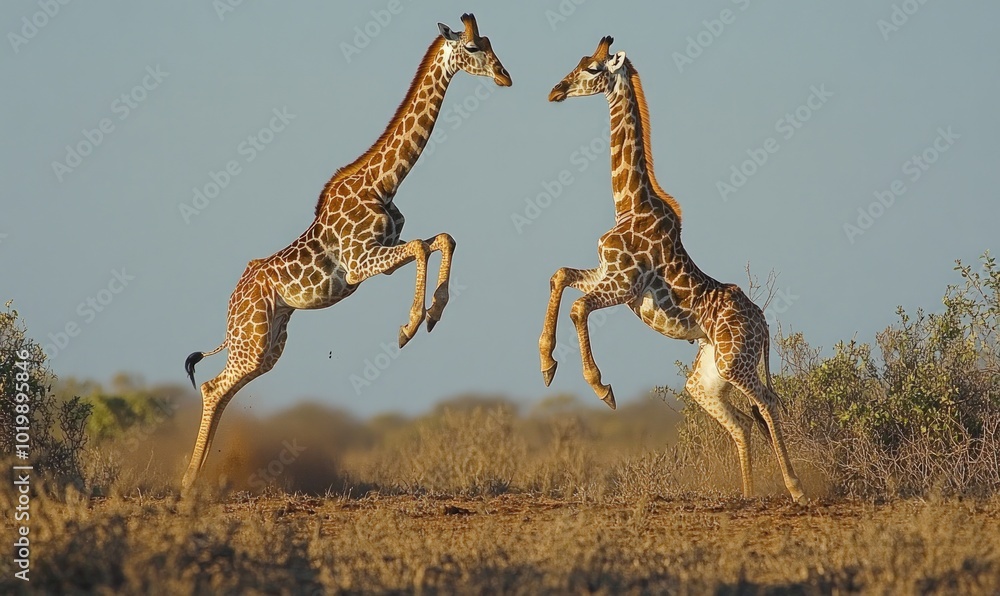 Fototapeta premium Two giraffes playfully sparring with their necks extended in a grassy savanna, kicking up dust.