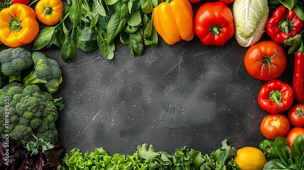 Colorful Fresh Vegetables and Greens Surrounding a Gray Surface Colorful Fresh Vegetables and Greens Surrounding a Gray Surface