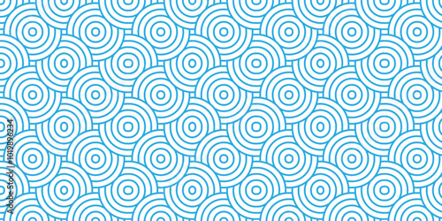 Abstract Overlapping Pattern. Seamless geometric ocean spiral pattern and abstract circle wave lines. blue seamless tile stripe geomatics create retro square line backdrop pattern background. 