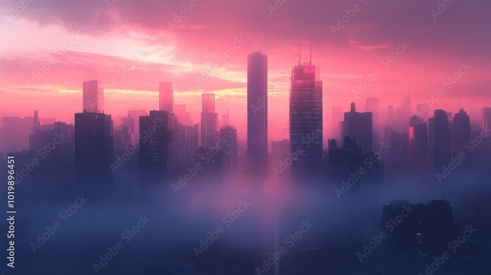 A quiet urban skyline during twilight, with fog rolling between skyscrapers. A quiet urban skyline during twilight, with fog rolling between skyscrapers.