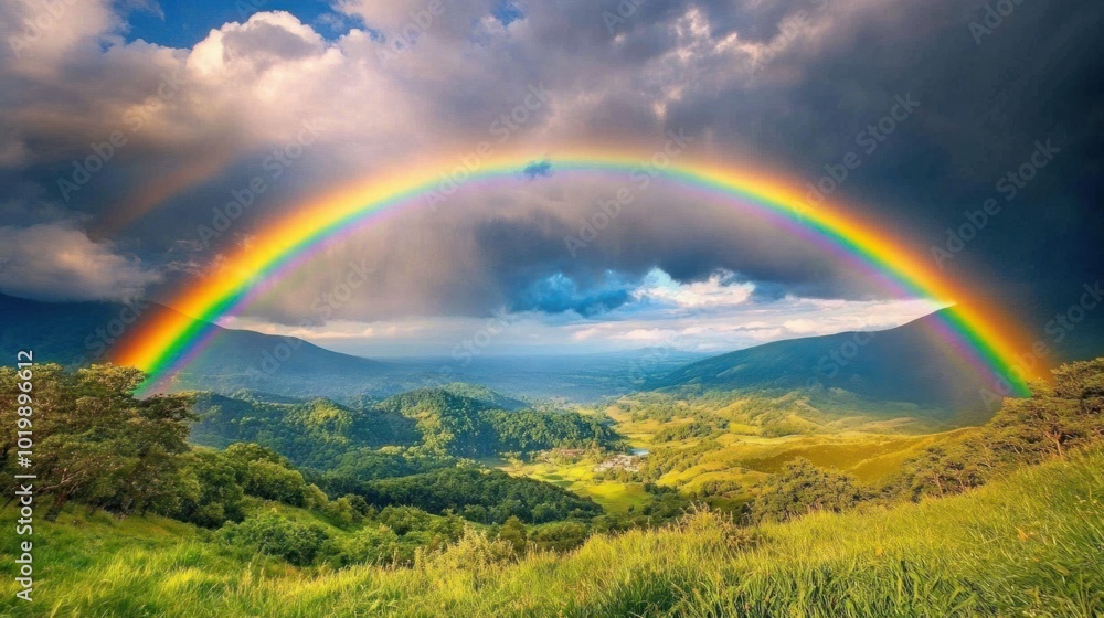 A rainbow arching over a lush valley after a summer rainstorm, vivid colors against dark clouds. A rainbow arching over a lush valley after a summer rainstorm, vivid colors against dark clouds.