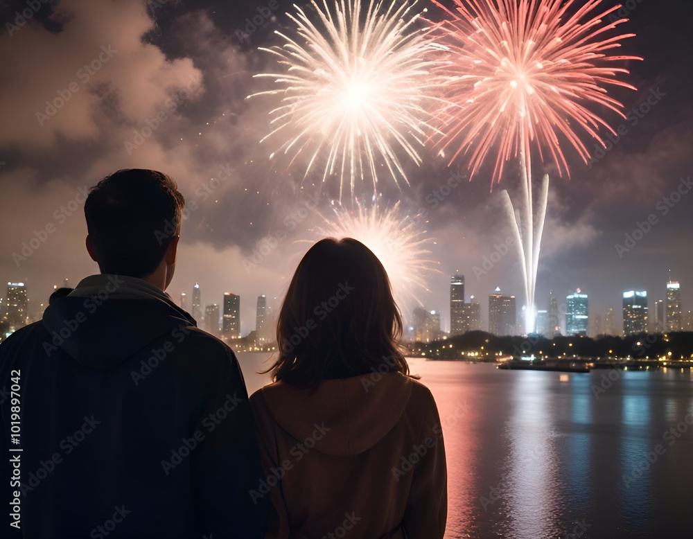 Magnificent fireworks for Christmas reflecting in the night sky over a charming street, back view of a Caucasian couple, surrounded by holiday decorations and twinkling lights. Magnificent fireworks for Christmas reflecting in the night sky over a charming street, back view of a Caucasian couple, surrounded by holiday decorations and twinkling lights.