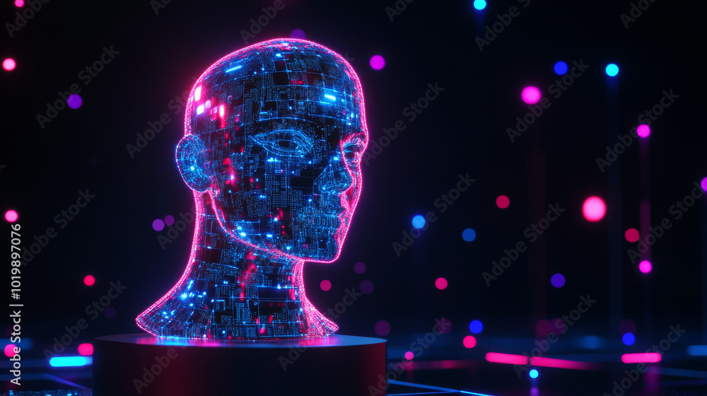 A powerful artificial intelligence, like a virtual head on a podium, controls the world through computers. This digital mind, a supercomputer, represents a futuristic idea where technology dominates. A powerful artificial intelligence, like a virtual head on a podium, controls the world through computers. This digital mind, a supercomputer, represents a futuristic idea where technology dominates.