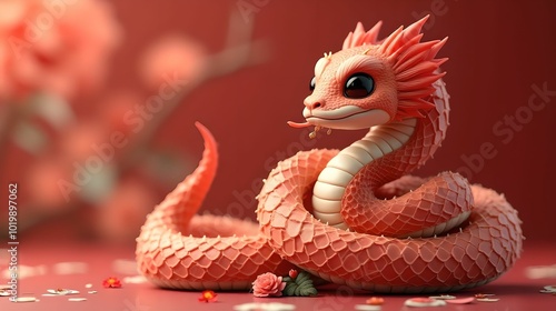 Adorable festive snake with floral motifs symbol of 2025 Chinese new year background