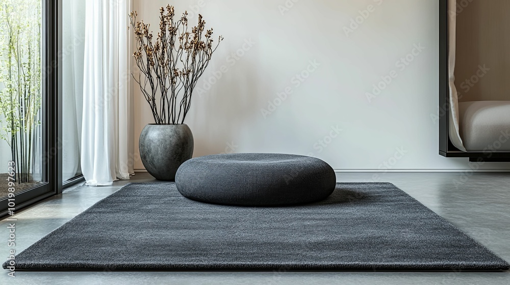 A Grey Round Ottoman on a Dark Grey Rug in a Minimalist Room A Grey Round Ottoman on a Dark Grey Rug in a Minimalist Room