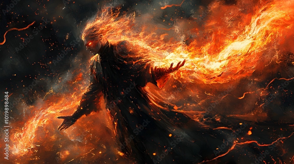 Naklejka premium Sorcerer of the arcane arts summoning raging inferno intense etched on their face dynamic motion blur and cinematic lighting