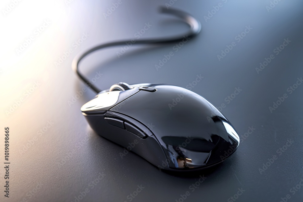 A sleek, glossy computer mouse with a cord attached to it A sleek, glossy computer mouse with a cord attached to it