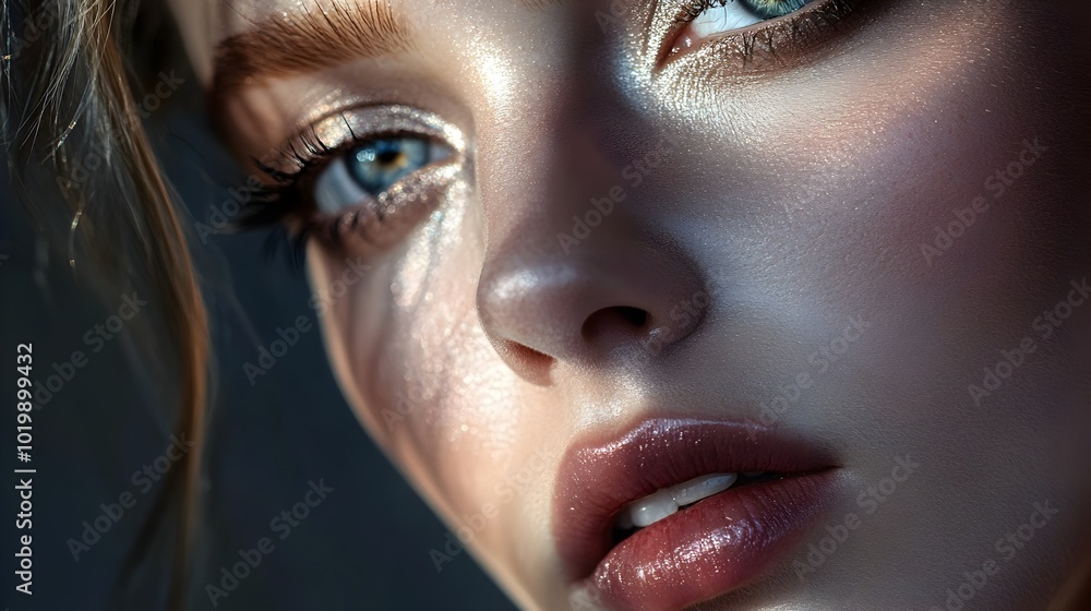 Ethereal Makeup Hypnotizing Eyeshadow Glowing Highlighter and Shimmering Lip Gloss in Moody Studio Lighting Ethereal Makeup Hypnotizing Eyeshadow Glowing Highlighter and Shimmering Lip Gloss in Moody Studio Lighting