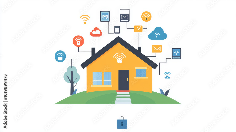 A smart home system uses the internet to control devices, making your house more automated. The logo shows a house with technology symbols, highlighting the concept of smart technology. A smart home system uses the internet to control devices, making your house more automated. The logo shows a house with technology symbols, highlighting the concept of smart technology.