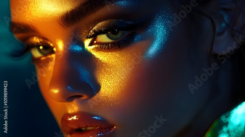 Captivating Cosmetic Makeup Showcase with Hypnotic Eyeshadow and Shimmering Highlights photo