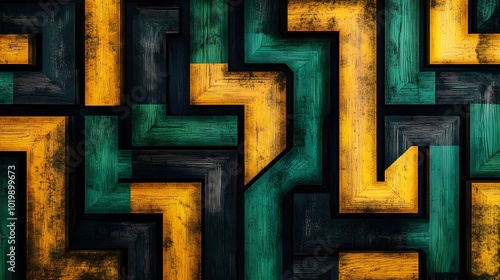 High-angle wooden maze, narrow paths of green and yellow interlacing with black borders, abstract, geometric precision, modern art style, vibrant, clean lines, illustration