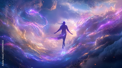 Wallpaper Mural Levitating Voidwalker Surrounded by Cosmic Energies in Serene Twilight Landscape Torontodigital.ca