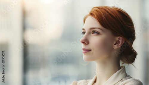 Portrait of a Young Confident Redhead Woman Looking Ahead Indoors - Positive Energy and Aspirations - Creative Professional in Modern Office Setting