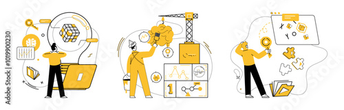 Project management. Highlights planning, construction, and analysis phases with visual aids like laptops, cranes, and puzzles. Ideal for productivity, strategy, teamwork, construction