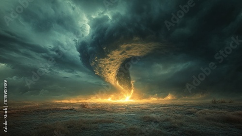 A supercell thunderstorm creating a tornado over a flat landscape, with dark clouds in motion.