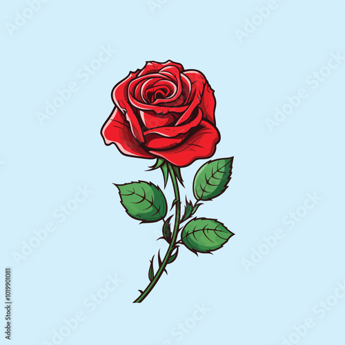 Red Rose With Green Leaves Vector Illustration