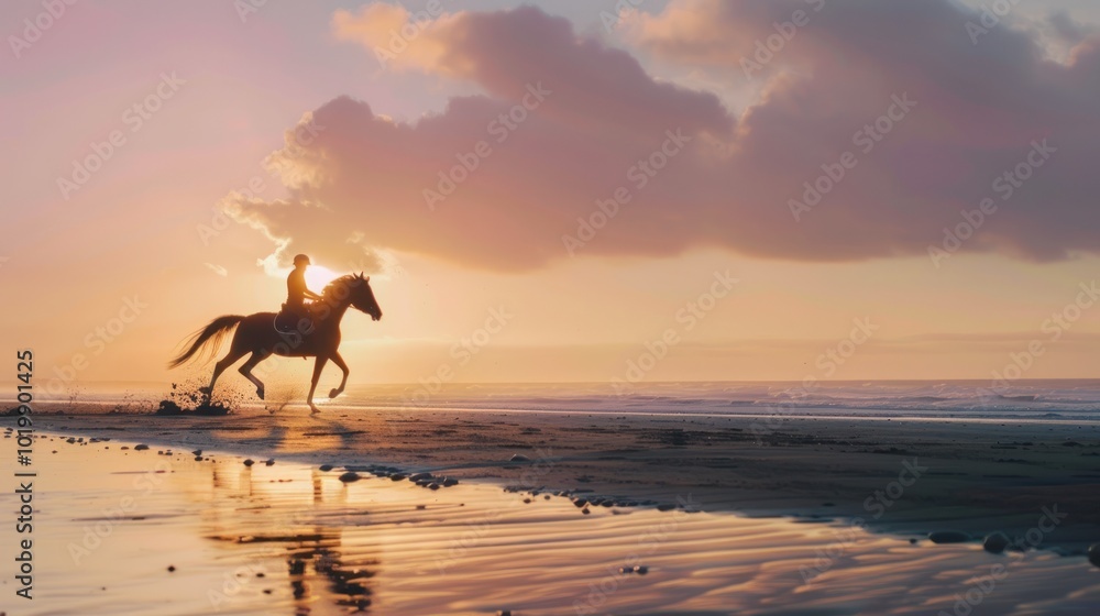 Silhouette of a Rider and Horse Galloping on a Beach at Sunset Silhouette of a Rider and Horse Galloping on a Beach at Sunset