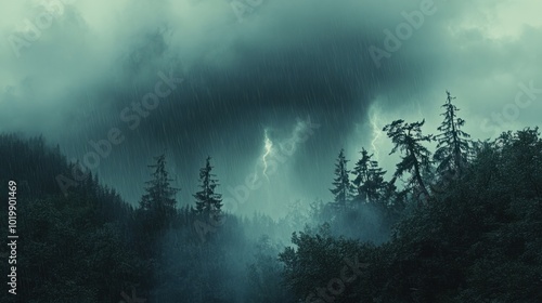 A thundercloud forming at the edge of a forest, with heavy rain pouring down and trees swaying in the wind.