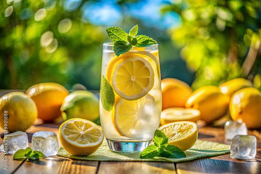 Refreshing Lemonade in Glass with Ice and Slices of Lemon on a Bright Sunny Day Outdoors Refreshing Lemonade in Glass with Ice and Slices of Lemon on a Bright Sunny Day Outdoors