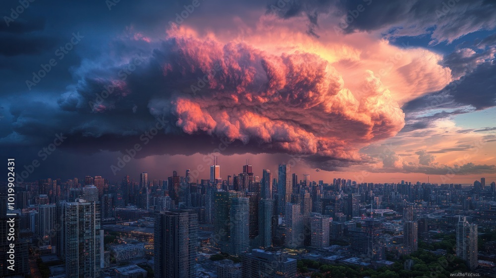 A thundercloud over a large city, with skyscrapers standing tall beneath the darkening sky. A thundercloud over a large city, with skyscrapers standing tall beneath the darkening sky.