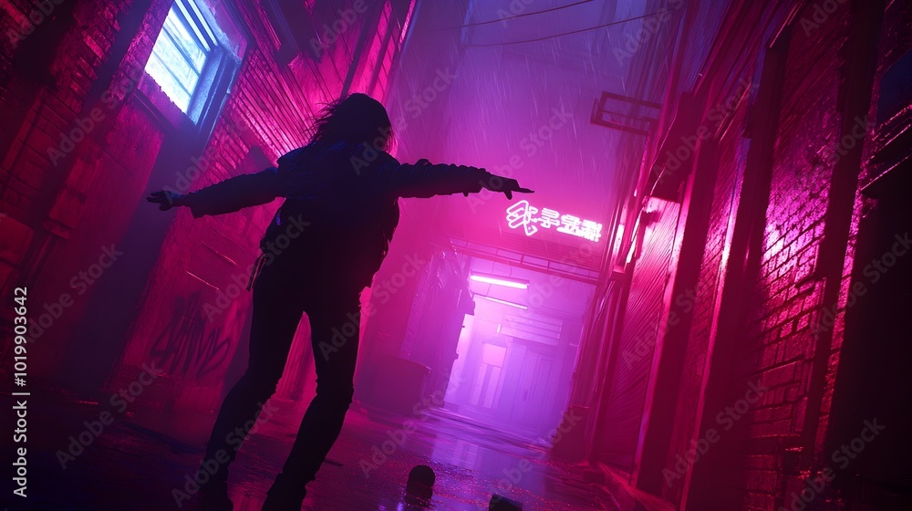 Obraz premium Telekinetic Performer Captivates in Gritty Neon Lit Urban Scene