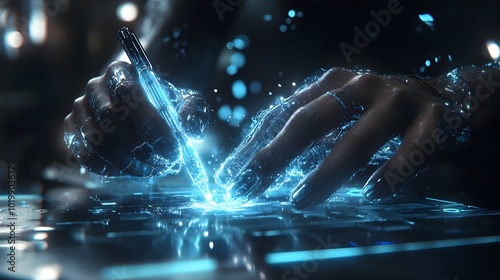 Visionary Author Composing Futuristic Masterpiece with Cryokinetic Energy Hands photo