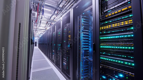 Inside a server room, rows of computers store and manage digital information. This data center uses advanced technology like optical fiber networking to connect and share data quickly.