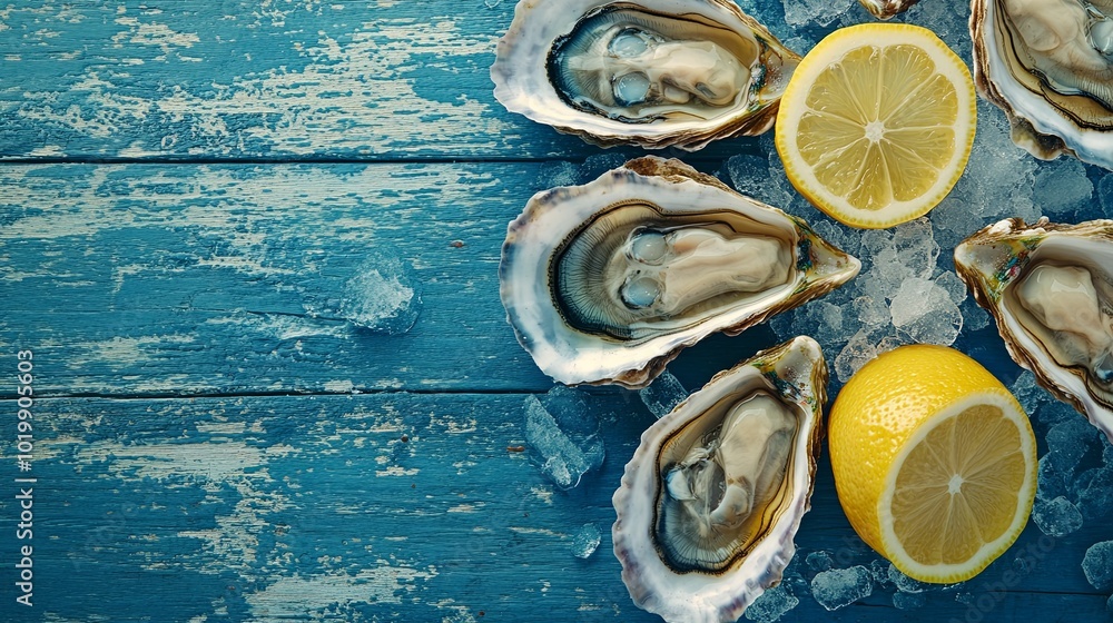 Fresh Oysters with Lemon on Blue Wooden Background Fresh Oysters with Lemon on Blue Wooden Background