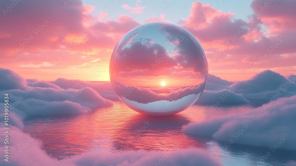 A reflective sphere over a serene sunset-lit ocean and clouds. A reflective sphere over a serene sunset-lit ocean and clouds.