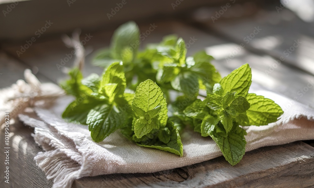 A bunch of fresh mint placed on a rustic wooden surface A bunch of fresh mint placed on a rustic wooden surface