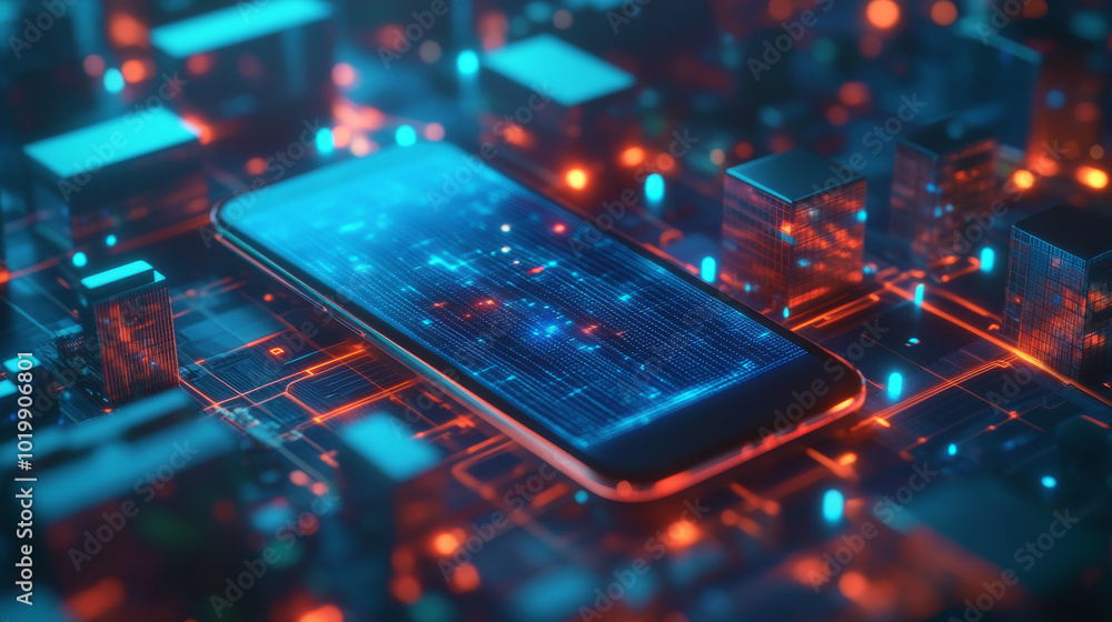 A smartphone connects to a wireless network in a smart city. The network connects to various city services, like traffic lights and buildings, making the city smarter and more efficient. A smartphone connects to a wireless network in a smart city. The network connects to various city services, like traffic lights and buildings, making the city smarter and more efficient.