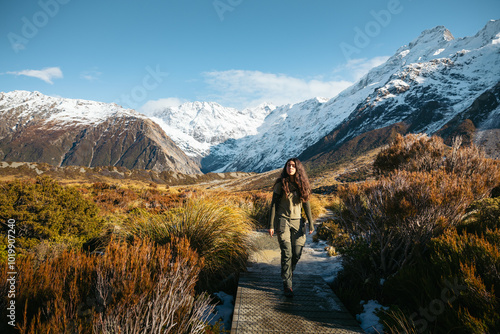 Woman at Hookey Valley Track in Aroaki Mount Cook National Park photo