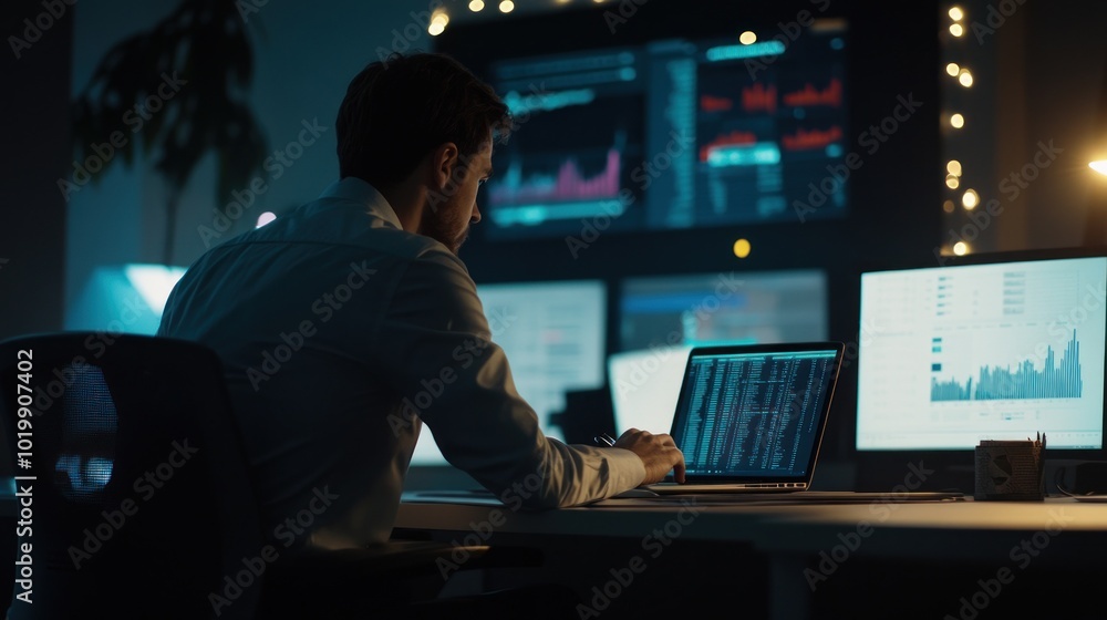 Man Working on Laptop in Dark Office with Multiple Screens Man Working on Laptop in Dark Office with Multiple Screens