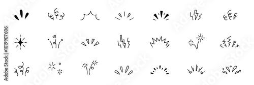 Line confetti exclamation icon elements. Hand drawn confetti explosion burst ray shine line icon illustration. Spark exclamation emphasis ray twinkle starburst decoration. Vector illustration.