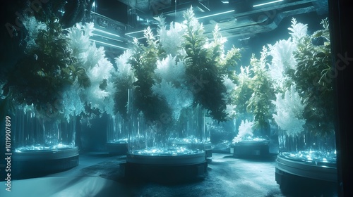 Otherworldly Hydroponics Farm with Glowing Alien Flora in Suspended Biospheres photo