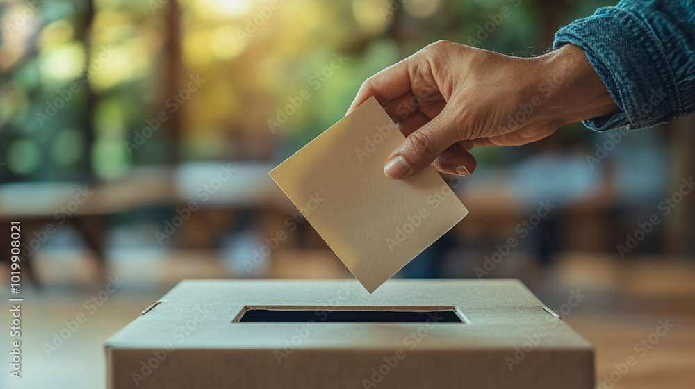 A focused hand places a voting ballot into a ballot box, symbolizing civic duty and participation in democracy, set against a blurred background that emphasizes the importance of the act A focused hand places a voting ballot into a ballot box, symbolizing civic duty and participation in democracy, set against a blurred background that emphasizes the importance of the act