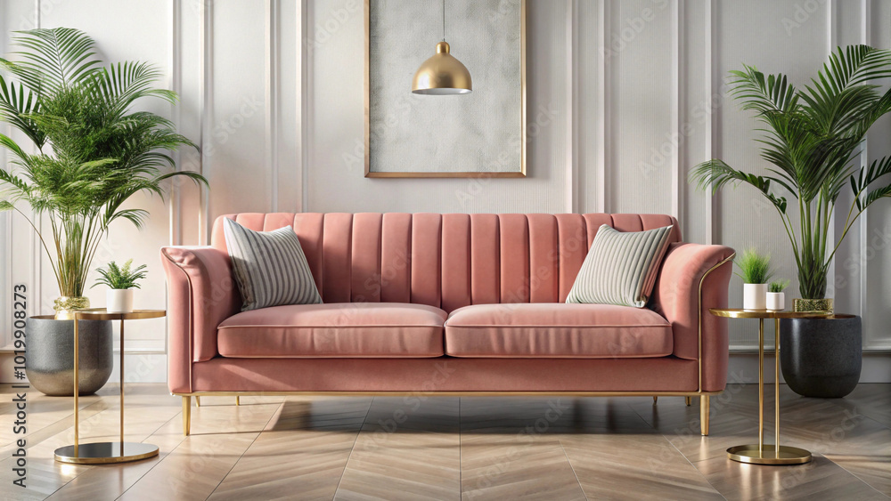 A cozy living room setting with diffused lighting and elegant sofa with coral-pink velvet fabric A cozy living room setting with diffused lighting and elegant sofa with coral-pink velvet fabric