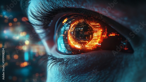 A cybernetic eye with neon circuitry around the pupil, scanning with advanced biometric technology, surrounded by a sleek digital interface