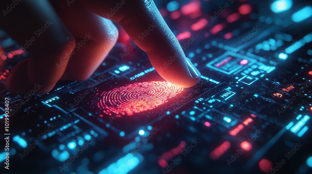 A finger on a glowing fingerprint scanner, biometric security interface with holographic display, digital lines, close-up shot, neon lights, sci-fi, hyper-realistic, blue tones A finger on a glowing fingerprint scanner, biometric security interface with holographic display, digital lines, close-up shot, neon lights, sci-fi, hyper-realistic, blue tones