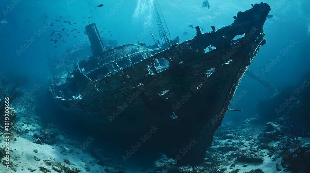 Ghostly Sunken Shipwreck Shrouded in Coral and Swirling Schools of Fish in the Serene Ocean Depths Ghostly Sunken Shipwreck Shrouded in Coral and Swirling Schools of Fish in the Serene Ocean Depths