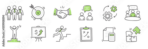 Hand drawn icon sketch business office career set. Doodle hand drawn business office target, finance group work, career teamwork strategy. Target, puzzle, chart element. Vector illustration.