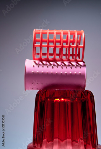 Red and Pink Plastic Hair Roller and Glass on White Background photo