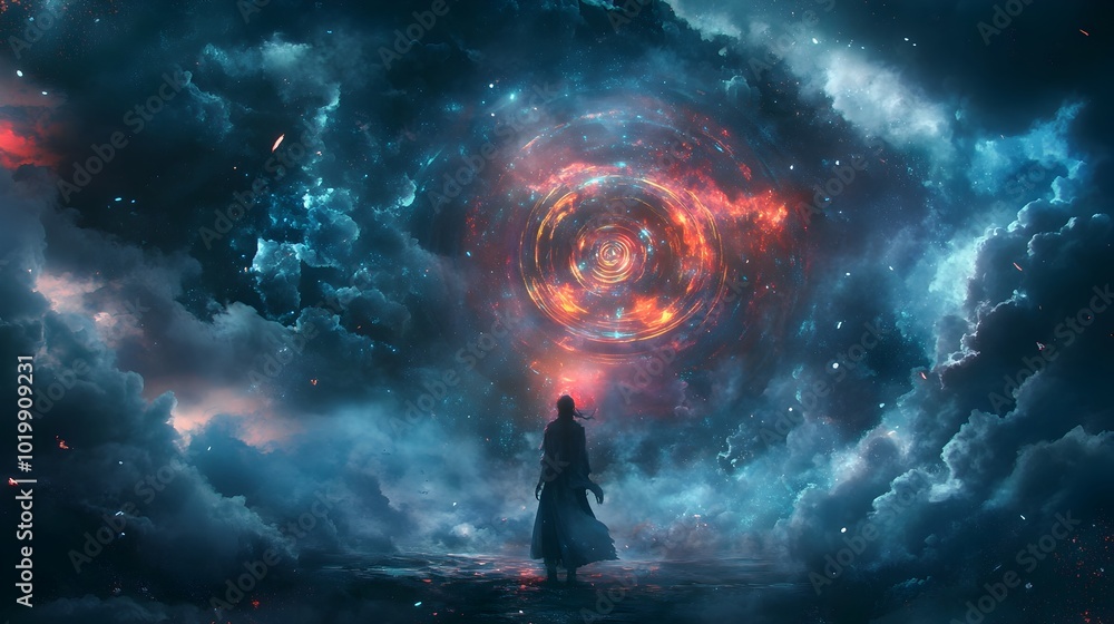 Celestial Shaman Casting Divination Rituals Amidst Swirling Storm Clouds in Ethereal Otherworldly Dark Fantasy Digital Art Landscape Celestial Shaman Casting Divination Rituals Amidst Swirling Storm Clouds in Ethereal Otherworldly Dark Fantasy Digital Art Landscape