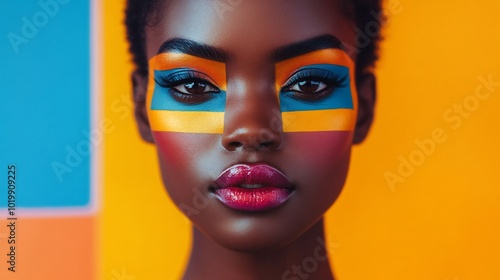 Close-up portrait of a beautiful young black woman with colorful makeup.