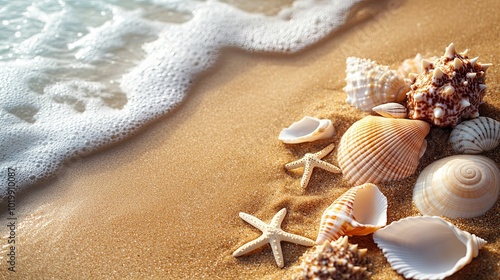 Seashells and Starfish on Sandy Beach with Foamy Wave photo