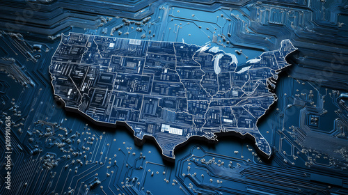 A futuristic image of the USA, designed like a circuit board. It shows how technology is a crucial part of the American economy, similar to the microchips and processors that power our electronics. photo