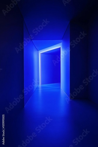 A futuristic corridor illuminated by blue lights, creating a serene and modern atmosphere. Ideal for design and architecture themes.