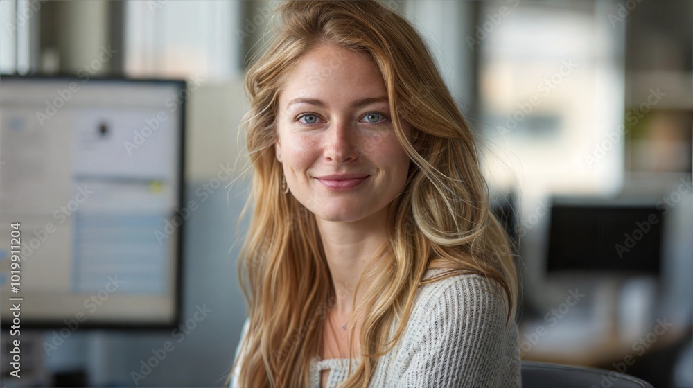 Fototapeta premium Smiling woman with long hair sitting in an office environment.